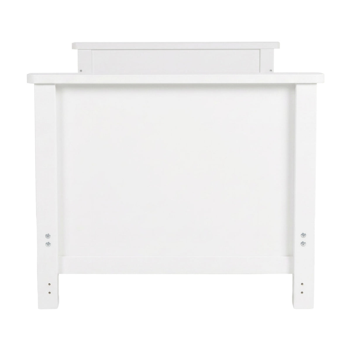 End panel of the Wanderer Convertible Cot Bed in white MDF, showing raised side rail, sturdy legs and visible screw fittings on a plain background.