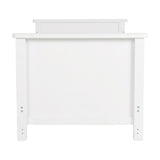 End panel of the Wanderer Convertible Cot Bed in white MDF, showing raised side rail, sturdy legs and visible screw fittings on a plain background.