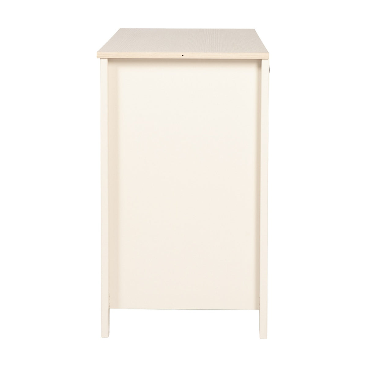 Side view of the Wanderer Changing Table in cashmere, showing a tall wooden leg, plain cream side panel, and oak-effect tabletop against a white background.