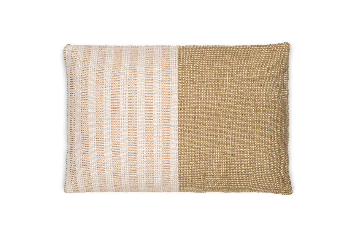 Samata 60 x 40cm Recycled Cushion Cover in Moss, rectangular pillow with a striped woven panel in cream and gold beside a plain coarse-weave panel, shown on a white background.