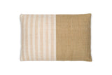 Samata 60 x 40cm Recycled Cushion Cover in Moss, rectangular pillow with a striped woven panel in cream and gold beside a plain coarse-weave panel, shown on a white background.