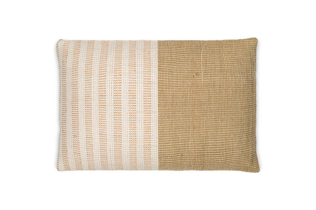 Samata 60 x 40cm Recycled Cushion Cover in Moss, rectangular pillow with a striped woven panel in cream and gold beside a plain coarse-weave panel, shown on a white background.