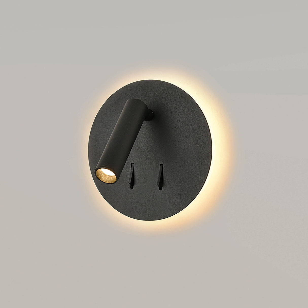 Luca 2 light wall light in black finish, shown on a dark background