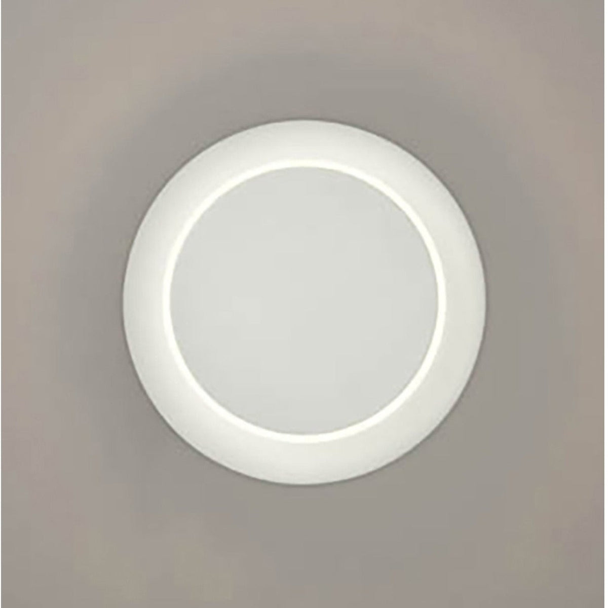 Crescent White Small LED Wall Light, a round modern wall light with a matt white finish and integrated LED ring around a central disc, shown against a plain grey background.