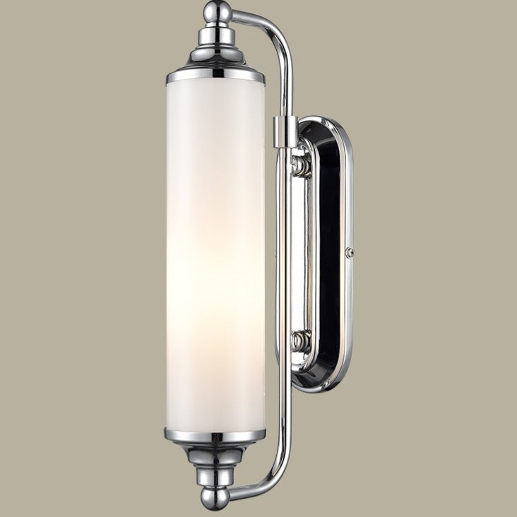 Barber wall light in chrome finish, shown on a dark background