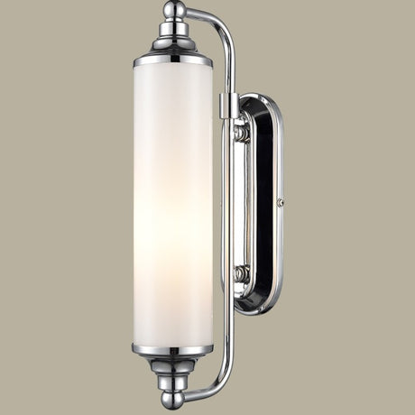 Barber wall light in chrome finish, shown on a dark background