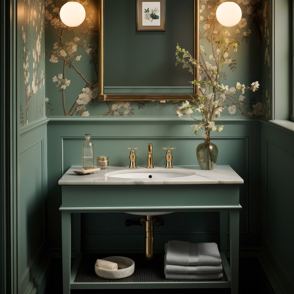 Globe wall light in brass finish, shown in a room setting