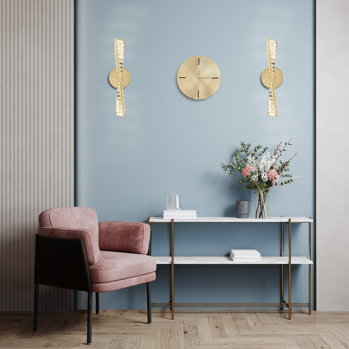 Cleopatra wall light in brass finish, shown in a room setting
