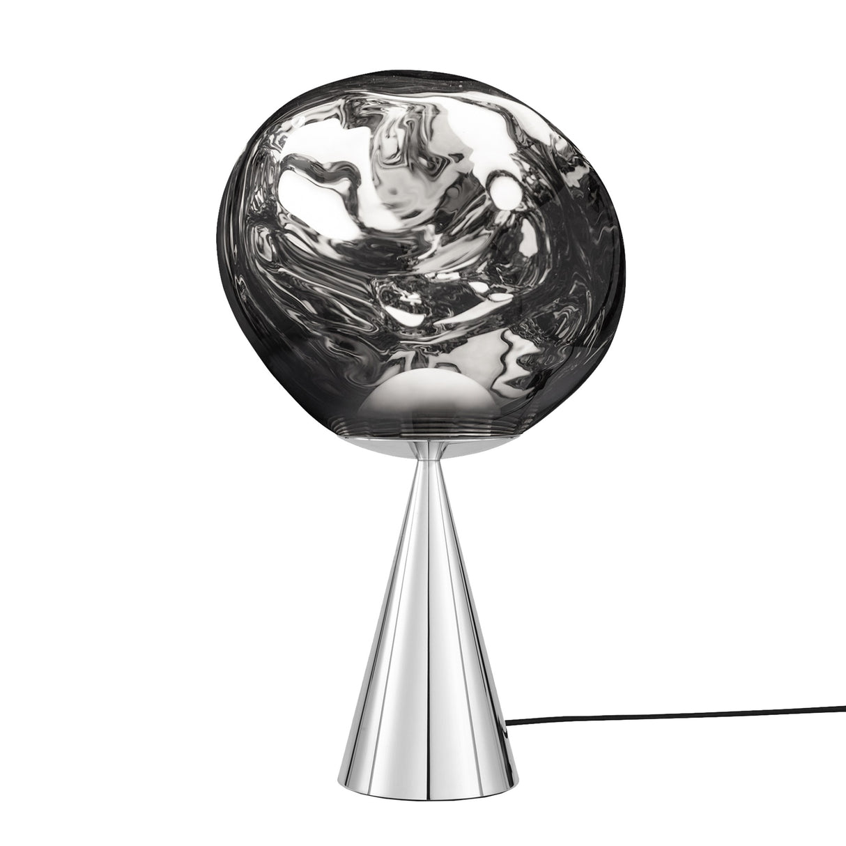 The Lava LED Table Lamp - Silver features a shiny, cone-shaped metallic base, a large reflective glass shade with abstract wavy texture, and a black power cord—perfect for adding modern style to contemporary interiors.