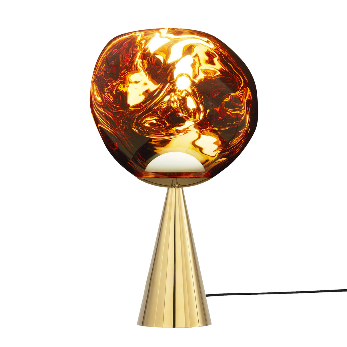 The Lava LED Table Lamp - Gold features a shiny brass cone base and a round, amber-tinted glass shade with swirling patterns, reminiscent of lava. A glowing bulb enhances the luxury decor, while a black cord extends from the base.
