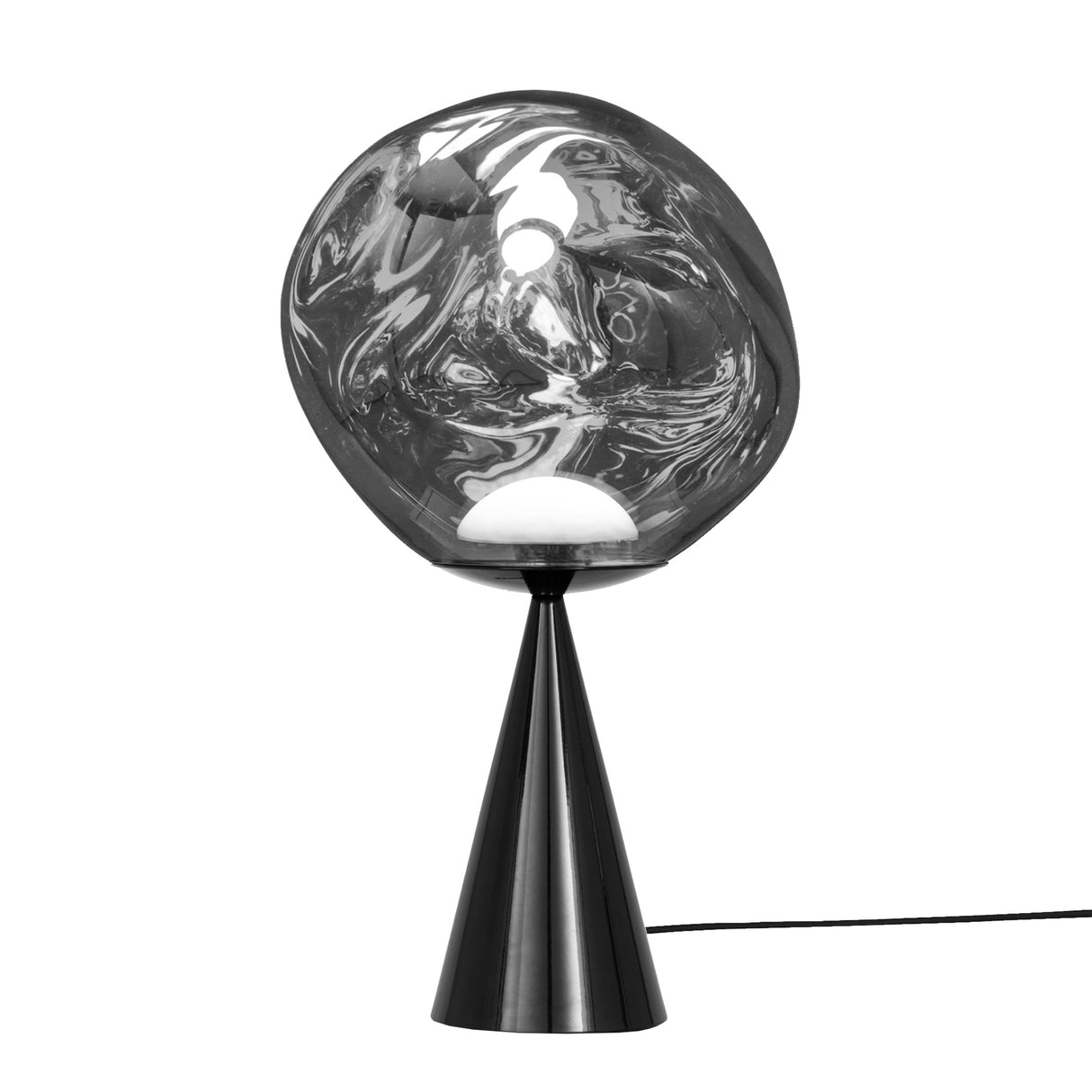 The Lava LED Table Lamp - Black showcases a conical metallic base and a large, round marbled glass shade with a visible bulb. Ideal for luxury decor, it features a sleek black power cord extending from the base.