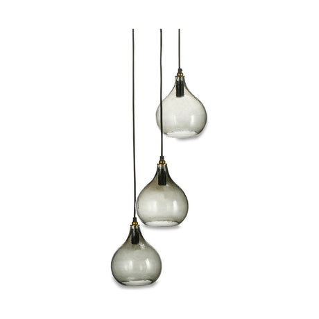 Ziva 3 Light Glass Cluster Pendant Light in green smoke, three teardrop shades with brass collars on black flex at staggered heights, plain white background.