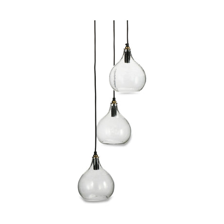 Ziva 3 Light Recycled Glass Cluster Pendant Light in clear, with three teardrop-shaped shades at staggered heights on black flex with brass collars, against a plain white background.