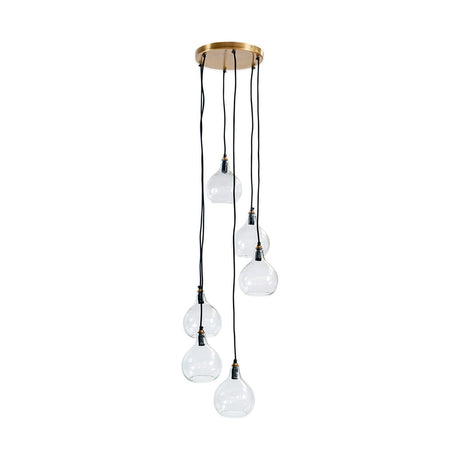 Ziva 6 Light Glass Cluster Pendant Light in Clear, with six teardrop glass shades on black flex cords of varying lengths, suspended from a round brass ceiling plate against a plain white background.