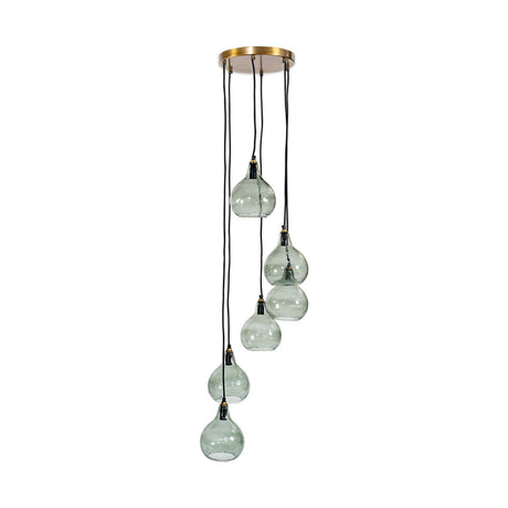 Ziva 6 Light Glass Cluster Pendant Light in Green Smoke, round brass ceiling plate with six teardrop glass shades on black flex cords at staggered lengths, shown on a white background.