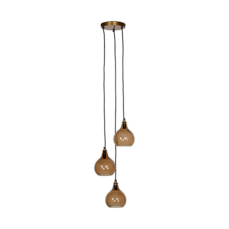 Ziva 3-Light Cluster Pendant in smoke brown with hammered glass teardrop shades, brass collars, and staggered black cords from a round brass ceiling plate.