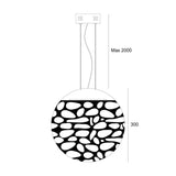 Diagram of the Elon LED Single Pendant, featuring a circular design with a striking black and white abstract pattern and a copper finish. It has a maximum hanging length of 2000 mm and measures 300 mm in diameter. The pendant light includes dimmable capabilities, with electrical wires extending from a ceiling mount.