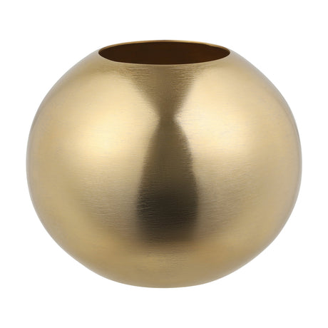 Abucay Vase 16.5cm in Gold, a round globe-shaped aluminium vase with a brushed brass finish and small circular top opening, shown on a plain white background.