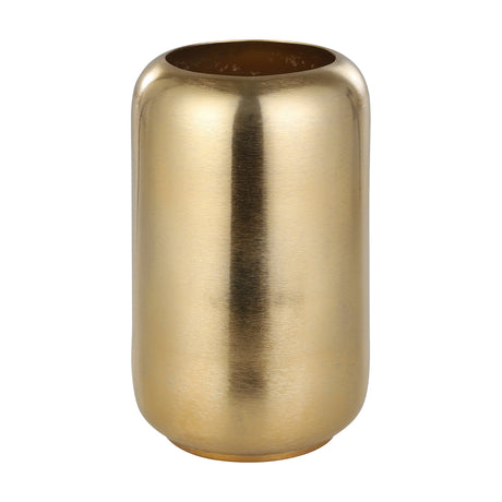 Abucay Vase 28cm in Gold, a rounded capsule-shaped aluminium vase with a brushed brass finish, wide open mouth and recessed foot, shown on a plain white background.