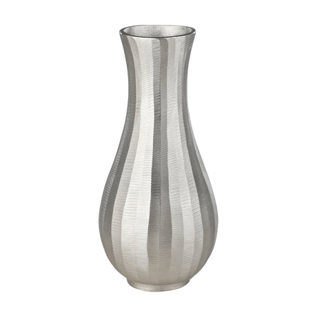 Abucay Vase in nickel-finished aluminium, teardrop-shaped with a rounded body, slim flared neck, and vertical ribbed stripes, shown on a plain white background.