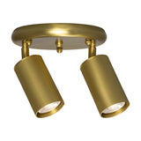 Adare Brass 2 Light Ceiling Spotlight with round ceiling plate, central ball finial, and two adjustable reeded cylindrical brass heads, shown on a plain white background.