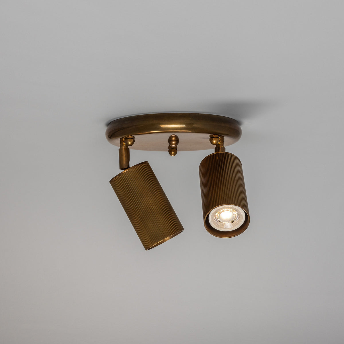 Adare Brass 2 Light Ceiling Spotlight with round plate, ball finial, and two adjustable reeded cylindrical heads, one lit with GU10 bulb, on a plain background.