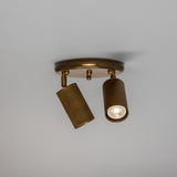 Adare Brass 2 Light Ceiling Spotlight with round plate, ball finial, and two adjustable reeded cylindrical heads, one lit with GU10 bulb, on a plain background.