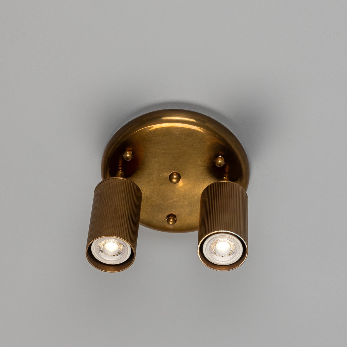 Adare Brass 2 Light Ceiling Spotlight with round brass plate, central ball finial, and two reeded cylindrical heads on adjustable arms, shown against a plain light grey background.