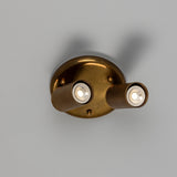 Adare Brass 2 Light Ceiling Spotlight with round brass plate, two reeded cylindrical heads on angled arms and GU10 bulbs, shown against a plain light grey background.
