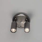 Adare Brass 2 Light Ceiling Spotlight with round ceiling plate, ball finial, and two reeded cylindrical heads on angled arms, shown against a plain grey background.