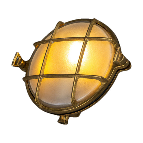 Adoo round brass bulkhead wall light, IP54, with domed glass shade behind a brass grid cage, side fixing lugs and cable gland, shown lit against a plain white background.