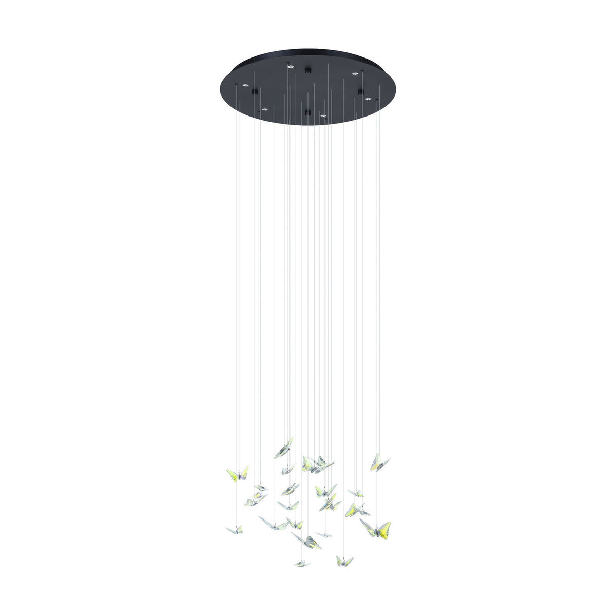 Adrados 6-light pendant with round black steel canopy and multiple fine wires suspending clear glass butterflies, LED, dimmable, on a plain white background.