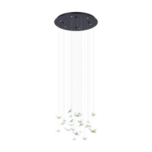 Adrados 6-light pendant with round black steel canopy and multiple fine wires suspending clear glass butterflies, LED, dimmable, on a plain white background.