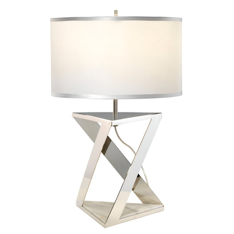 The Aegeus 1 Light Table Lamp in Polished Nickel features a modern design with a geometric, twisted metal base and a large, cylindrical white lampshade. Its shiny and reflective surface enhances its contemporary and sleek appearance, making it a stylish addition to any room.