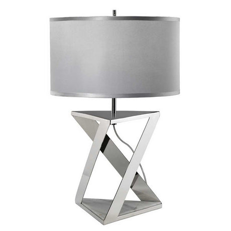 The Aegeus 1 Light Table Lamp boasts a contemporary design with a polished nickel, angular twisted base and is topped with a large cylindrical silver lampshade.