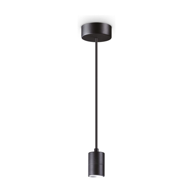 A black single-lamp pendant fitting made up of a ceiling rose, a flex and an E27 lamp holder, sold without a shade.
