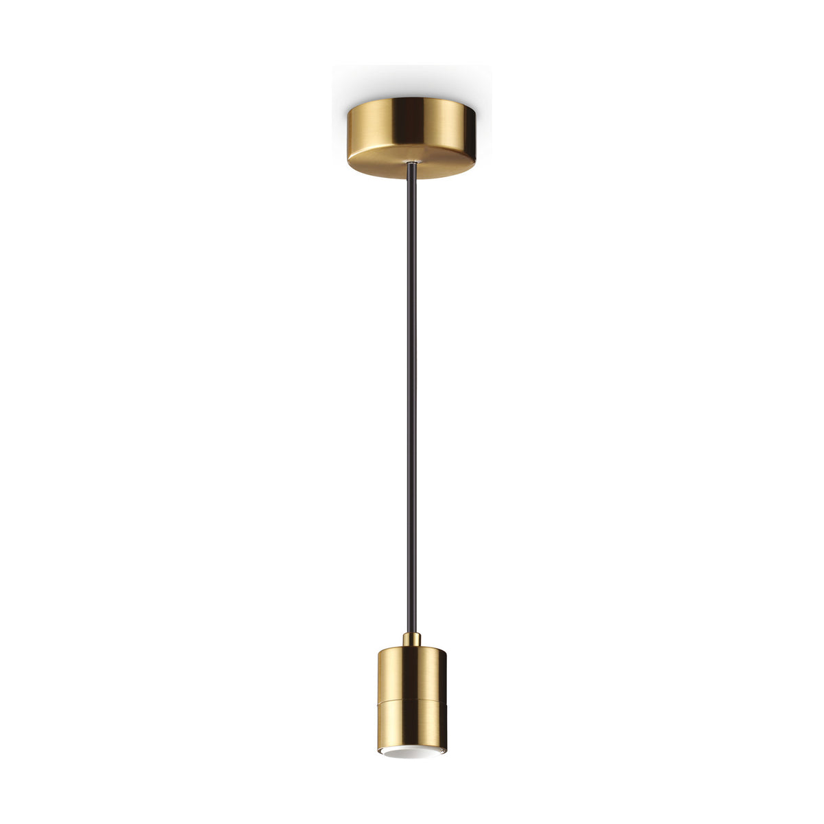 Aethera 1 Light E27 pendant light fitting in brass, with a round ceiling rose, black flex cord and cylindrical brass lamp holder, shown on a plain white background.