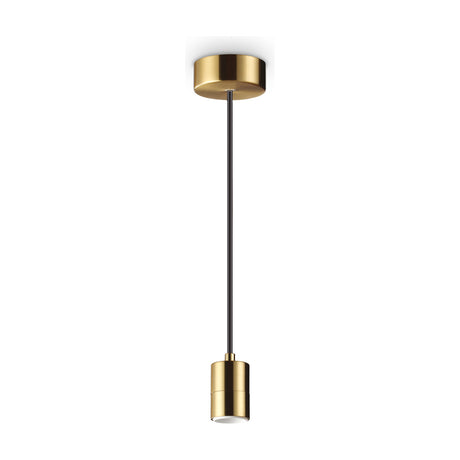 Aethera 1 Light E27 pendant light fitting in brass, with a round ceiling rose, black flex cord and cylindrical brass lamp holder, shown on a plain white background.