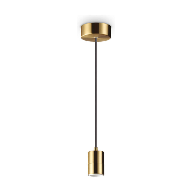 Aethera 1 Light E27 pendant light fitting in brass, with a round ceiling rose, black flex cord and cylindrical brass lamp holder, shown on a plain white background.