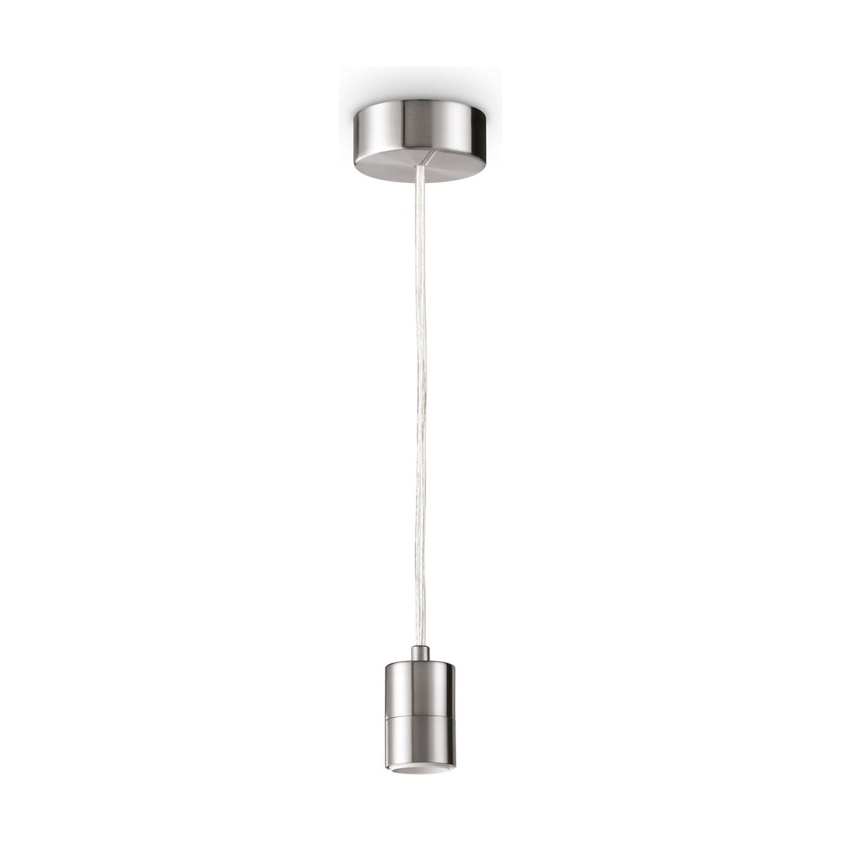 A nickel-finish single pendant fitting with a ceiling rose, clear flex and E27 lamp holder, sold without a shade.