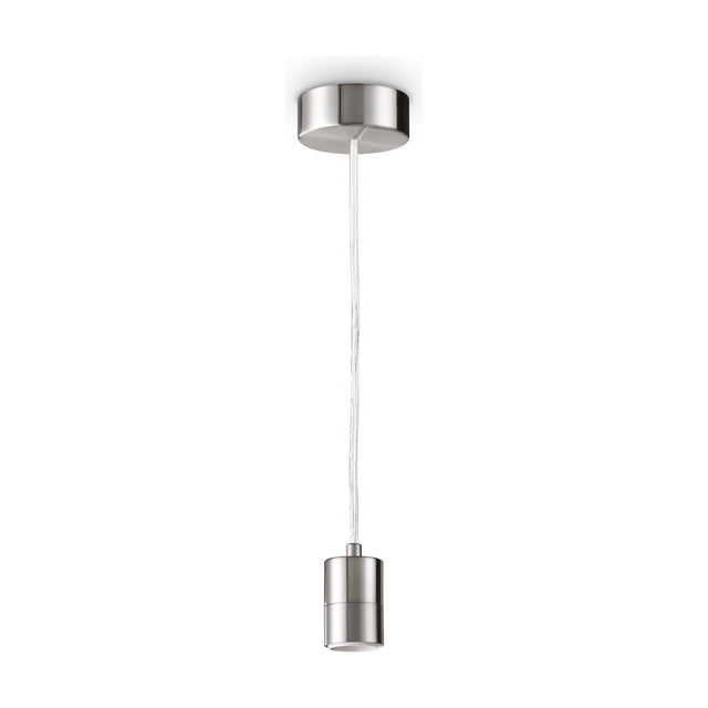 A nickel-finish single pendant fitting with a ceiling rose, clear flex and E27 lamp holder, sold without a shade.