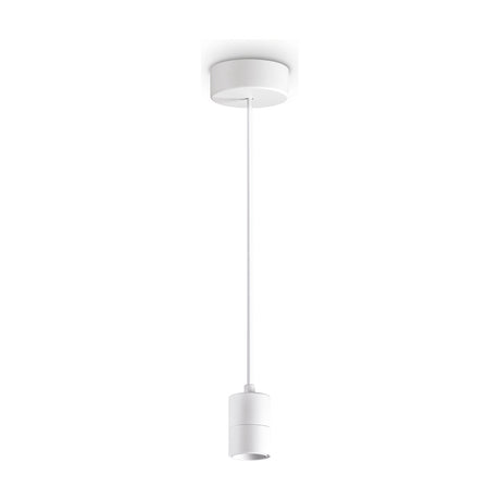 Aethera 1 Light E27 Pendant Light Fitting in white, showing round ceiling rose, white flex cable and cylindrical lamp holder against a plain white background.