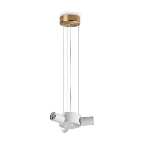 Aethera 3 Light E27 Pendant Light Fitting in brass, showing a round brass ceiling rose with cords leading to a white central hub holding three angled lamp holders, shown on a plain white background.