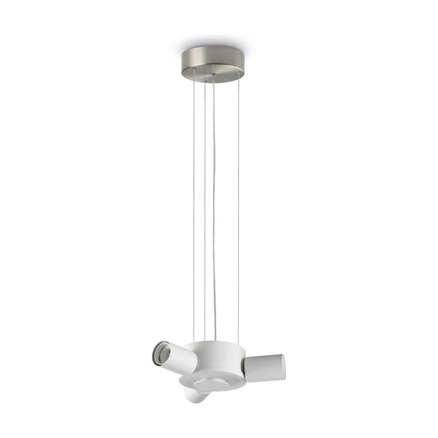 Aethera 3 Light E27 pendant fitting in nickel, with a round ceiling rose, thin suspension flexes and a white central hub holding three E27 lamp holders, shown on a plain white background.