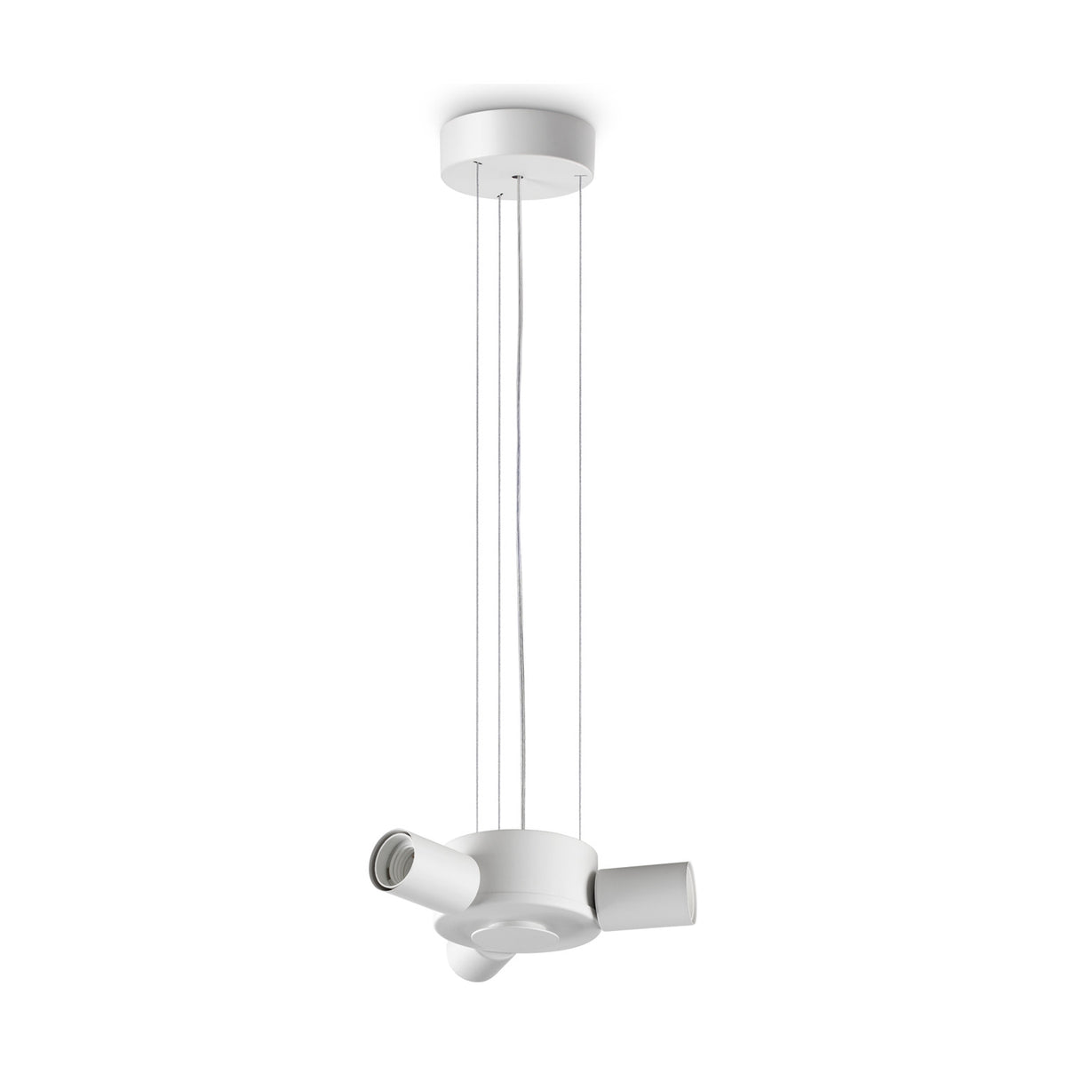 Aethera 3 Light E27 Pendant Light Fitting in white, with round ceiling rose, slim suspension cables and a central hub holding three bare E27 lamp holders, shown on a plain white background.