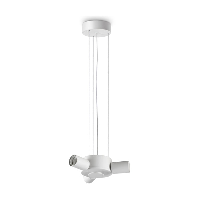 Aethera 3 Light E27 Pendant Light Fitting in white, with round ceiling rose, slim suspension cables and a central hub holding three bare E27 lamp holders, shown on a plain white background.