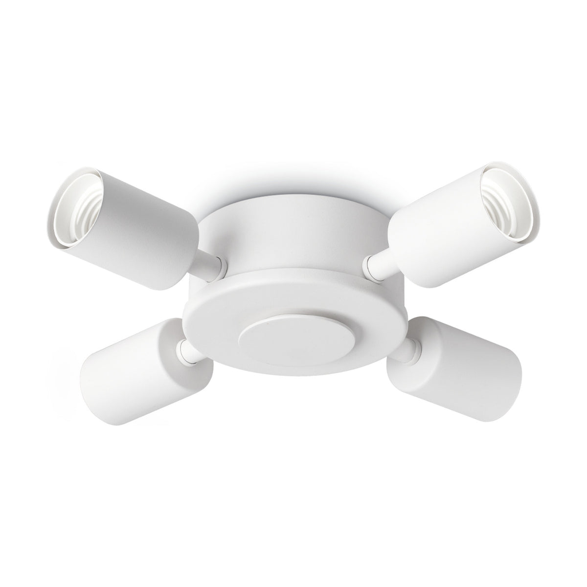 Aethera 4 Light E27 Ceiling Lamp Holder in white, a round flush ceiling plate with four cylindrical E27 holders on short arms, shown on a plain white background.