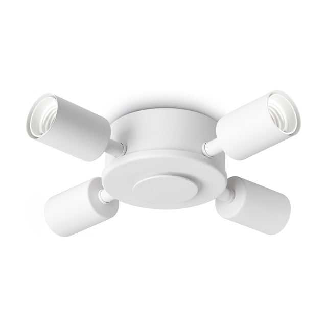 Aethera 4 Light E27 Ceiling Lamp Holder in white, a round flush ceiling plate with four cylindrical E27 holders on short arms, shown on a plain white background.