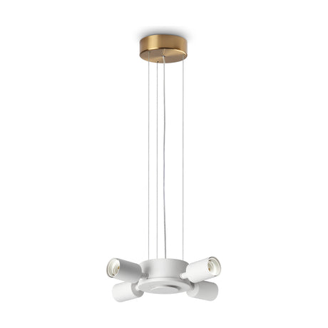 Aethera 4 Light E27 Pendant Light Fitting with brass ceiling rose, white central hub and four exposed E27 lamp holders on suspension cords, shown on a plain white background.