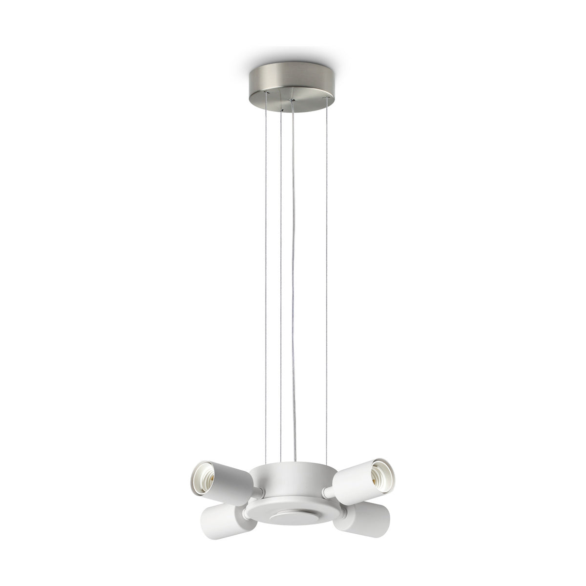 Aethera 4 Light E27 Pendant Light Fitting in nickel, with a round ceiling rose, slim suspension wires and a white central hub holding four cylindrical lamp holders, shown on a plain white background.